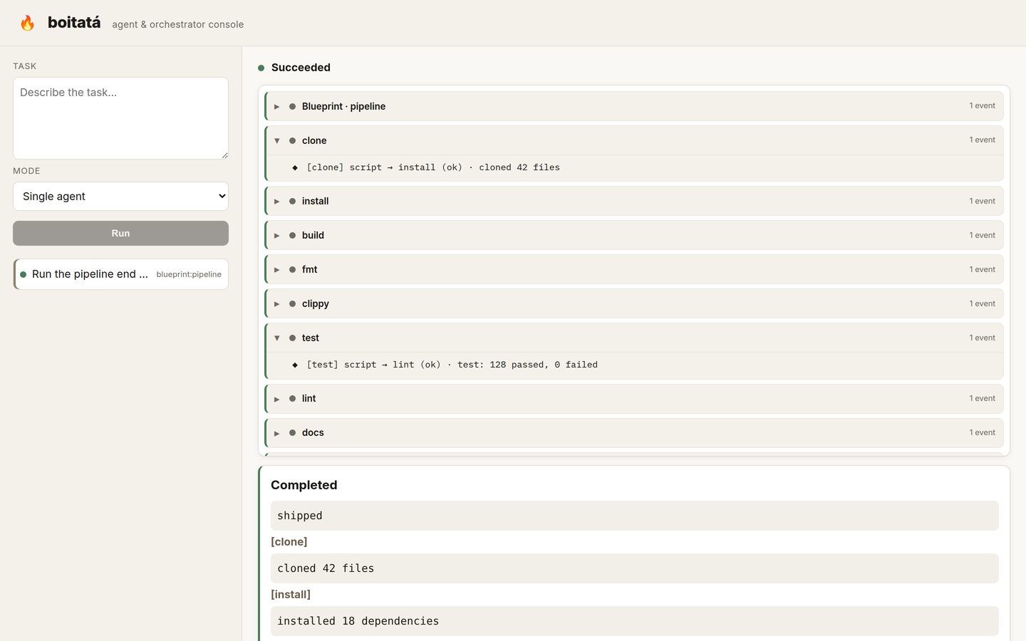 Run view — collapsible step groups with live events